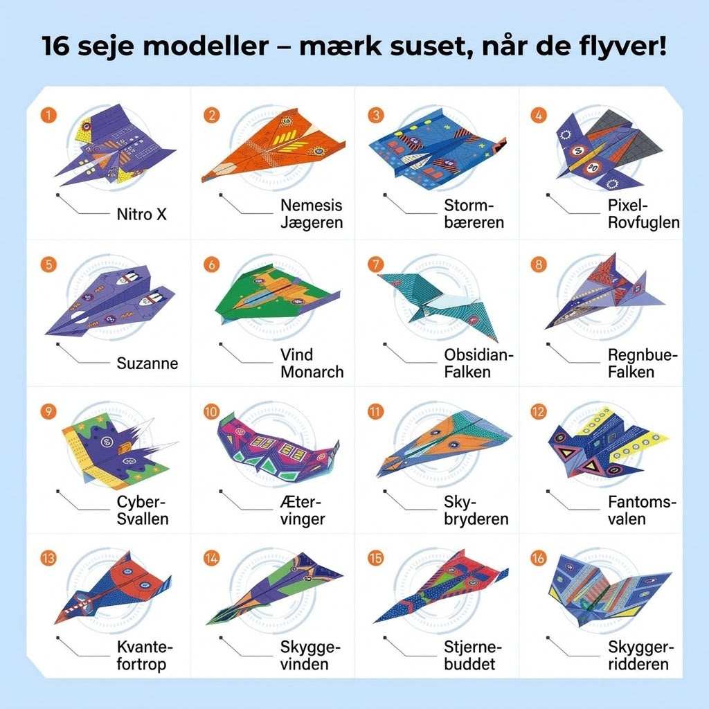 VaraLiving™ Kreativt DIY Papirfly Sæt (16 stk.) – Farverige Folde-Papirflyver med Forskellige Design til Børn