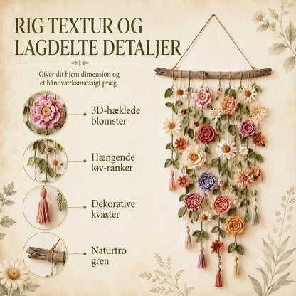 Håndlavet Hæklet Blomster-Vægophæng | Boho Design til Stue & Soveværelse