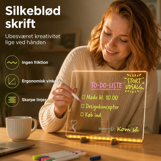 VaraLiving™ LED Opslagstavle i Akryl med Varmt Lys – Genafviselig Beskedske Board inkl. 7 Farvede Penne til Soveværelse og Børn