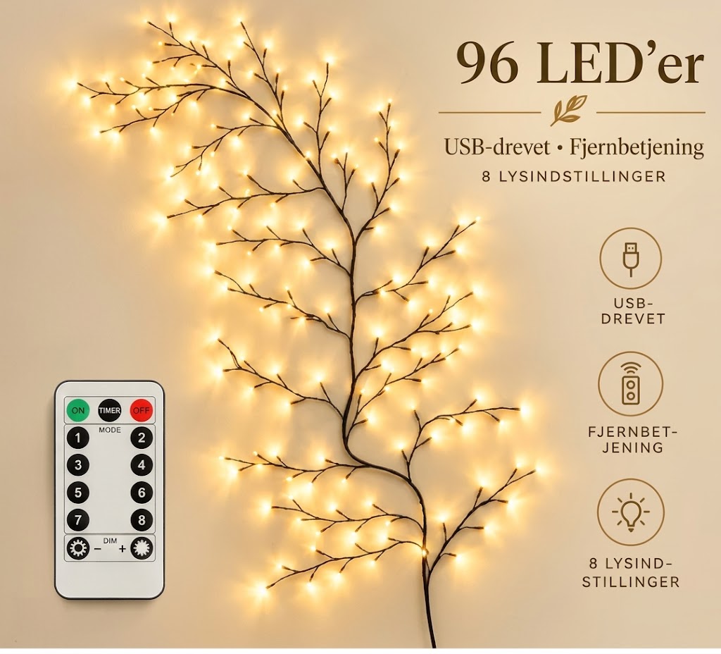 VaraLiving™ Magisk Piletræ Ranke LED Julelys – Fleksibel Lyskæde med 8 Lysindstillinger og Varmt Hvidt Lys