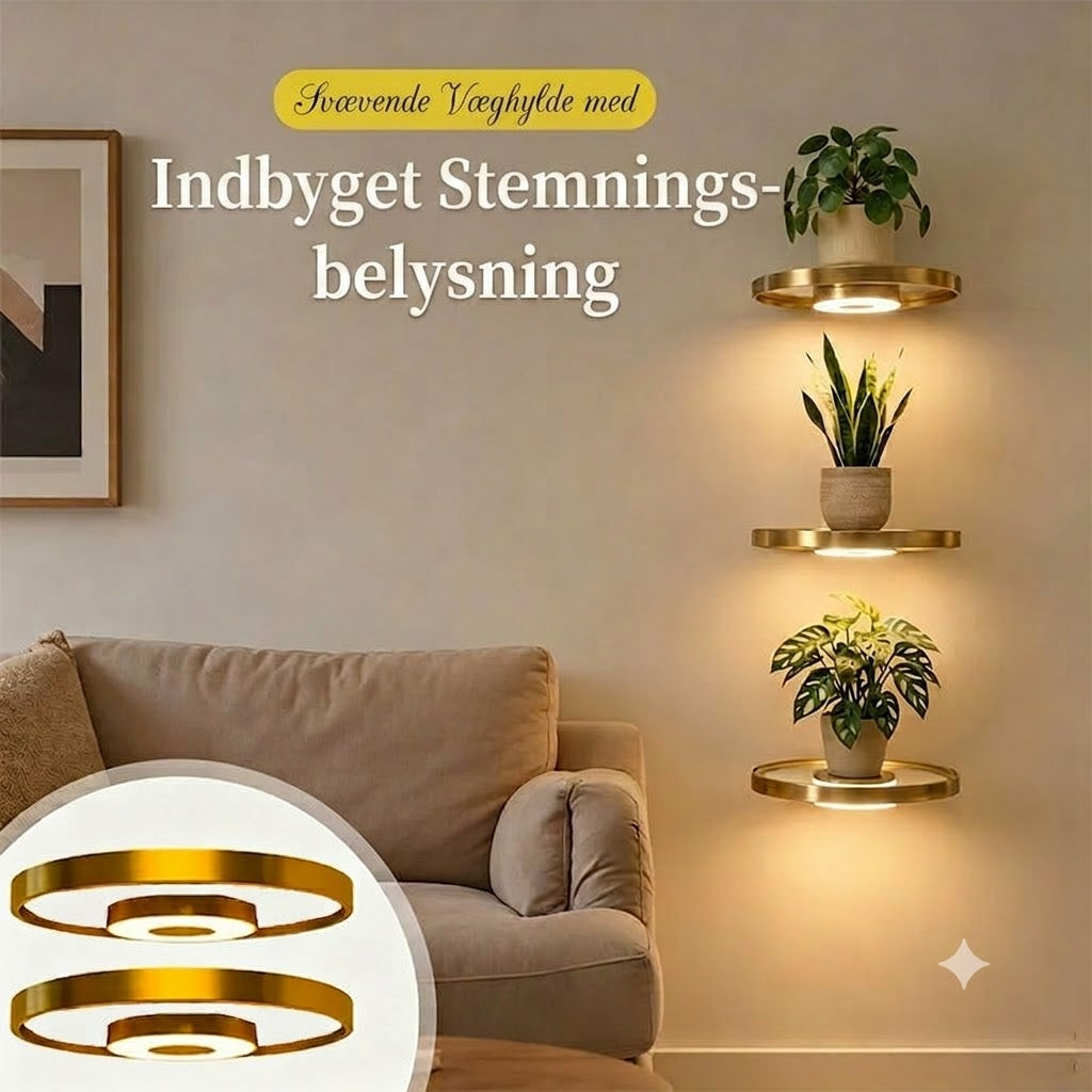 LumiShelf™ Svævende Væghylde med LED-Belysning | Moderne Plante- & Udstillingshylde