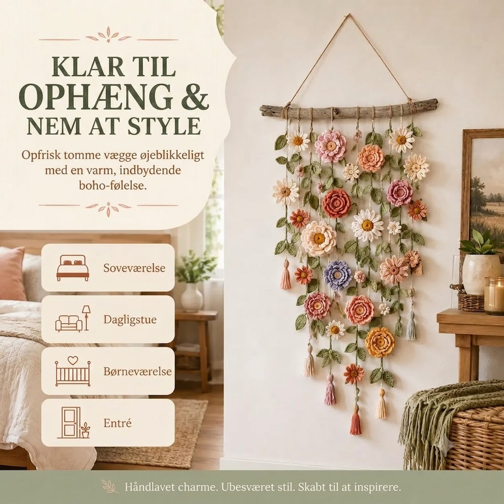 Håndlavet Hæklet Blomster-Vægophæng | Boho Design til Stue & Soveværelse