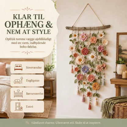 Håndlavet Hæklet Blomster-Vægophæng | Boho Design til Stue & Soveværelse