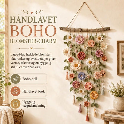 Håndlavet Hæklet Blomster-Vægophæng | Boho Design til Stue & Soveværelse