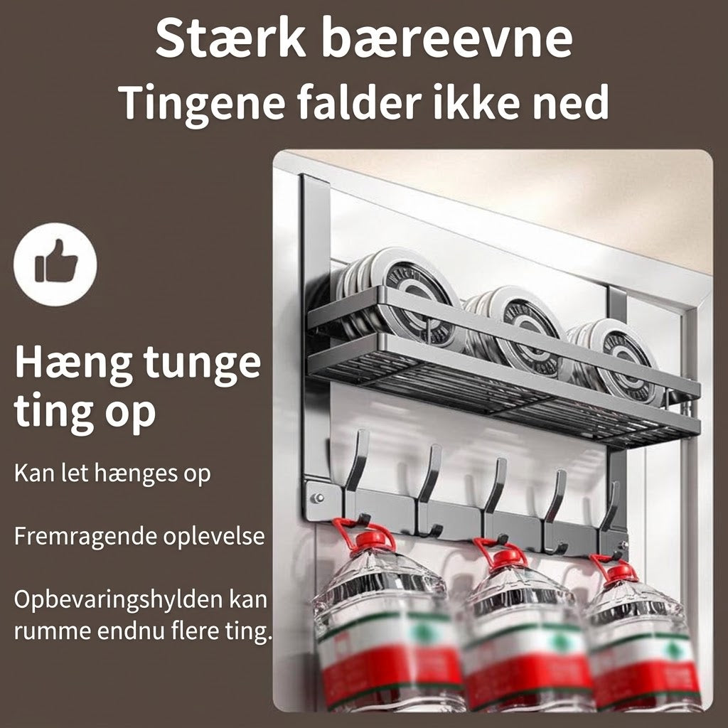 VaraLiving™ Dørreol med Opbevaringskurve og Knager – Borefri Dørhængt Arrangør til Badeværelse, Værelse og Køkken