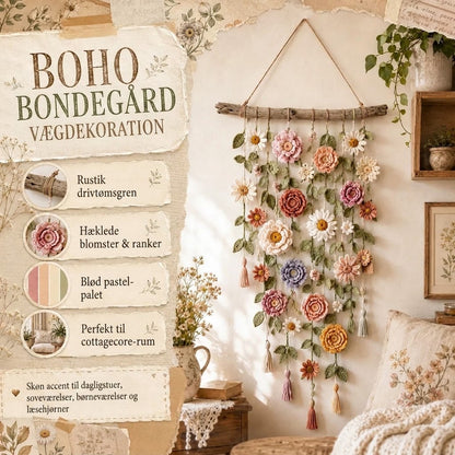 Håndlavet Hæklet Blomster-Vægophæng | Boho Design til Stue & Soveværelse