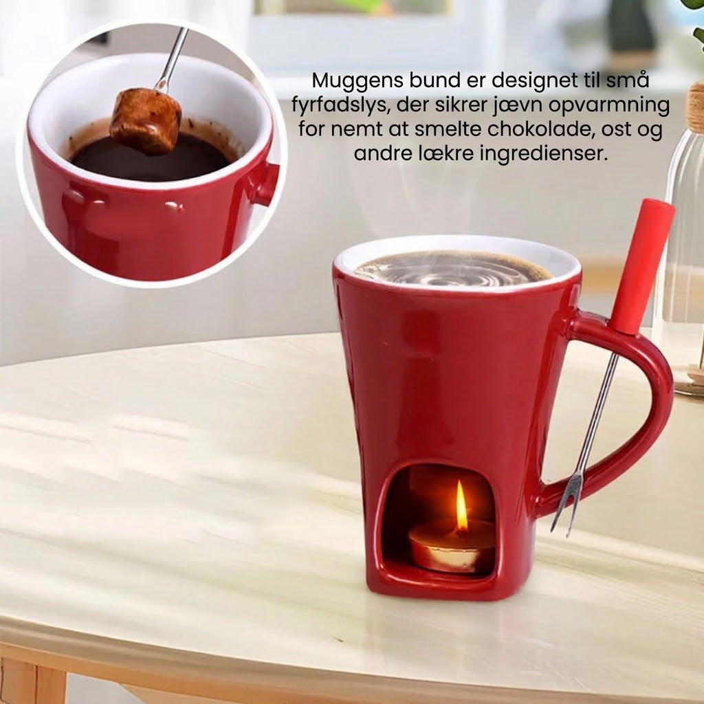 VaraLiving™ Keramisk Chokoladefondue Krus med Gaffel – Hyggelig Chokolade Smelter til Frugt og Slik