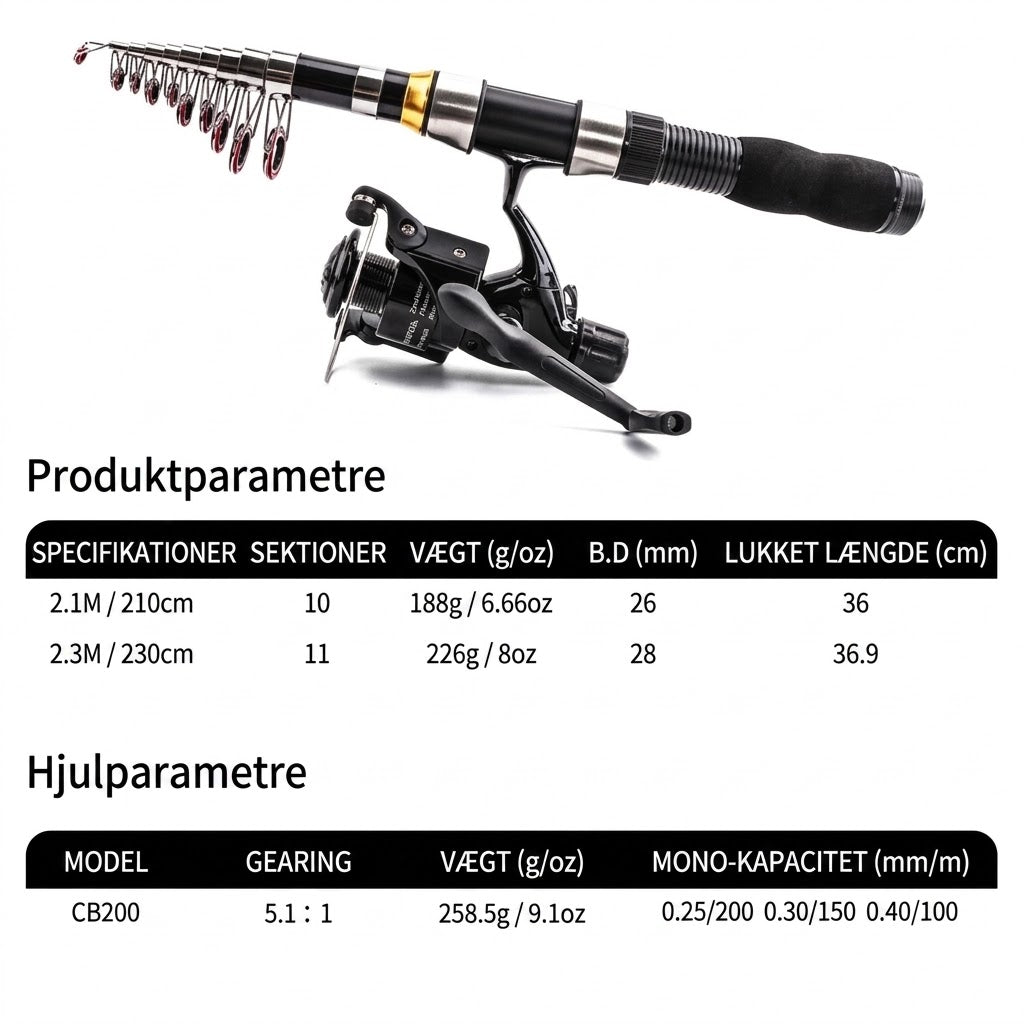 FISHING™ Komplet Fiskesæt med Teleskopstang & Bæretaske | Perfekt til Camping & Vandreture