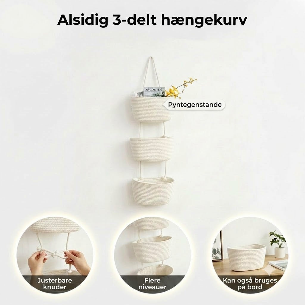 3-Lags Svævehylde med Reb | Boho & Pladsbesparende Væghyldel