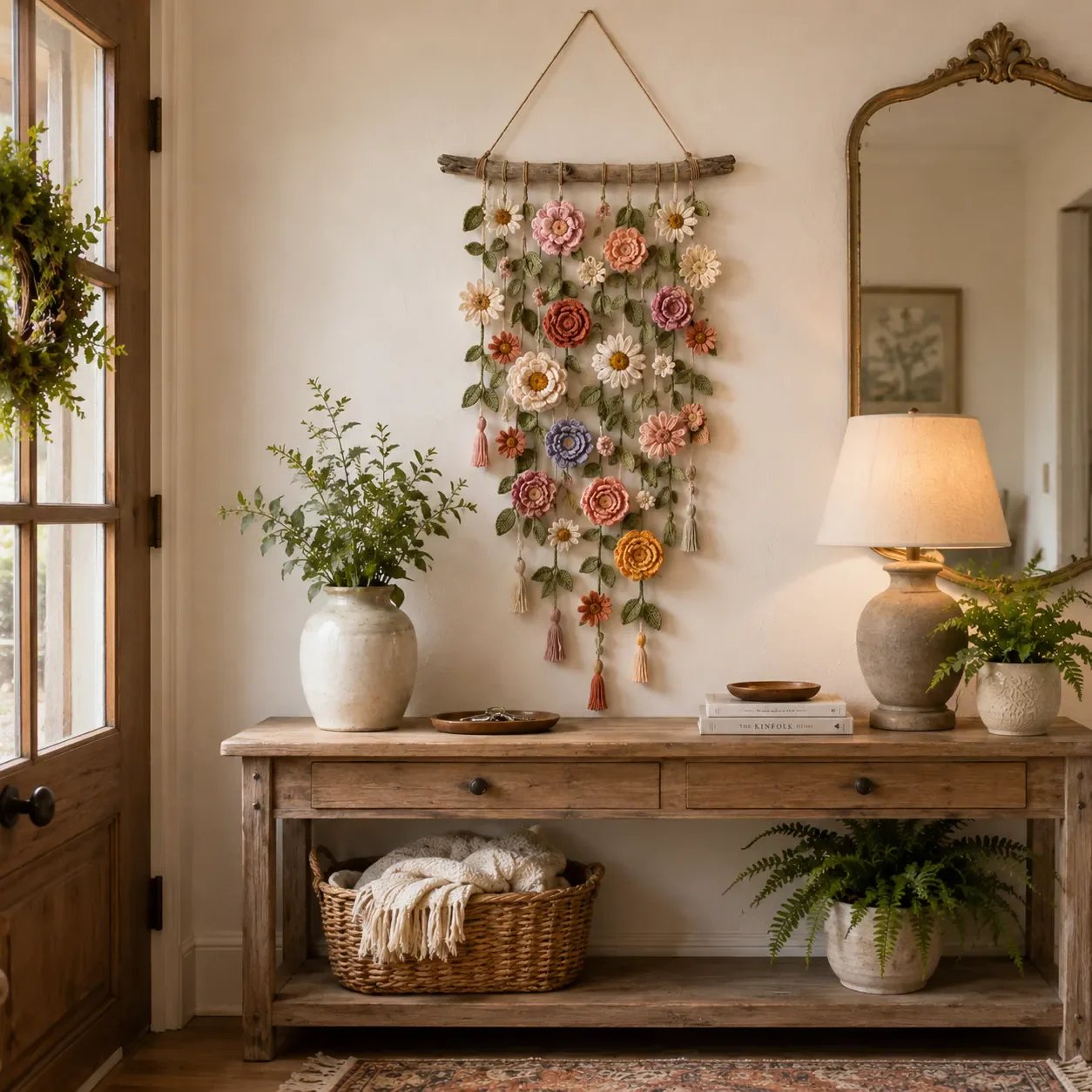 Håndlavet Hæklet Blomster-Vægophæng | Boho Design til Stue & Soveværelse