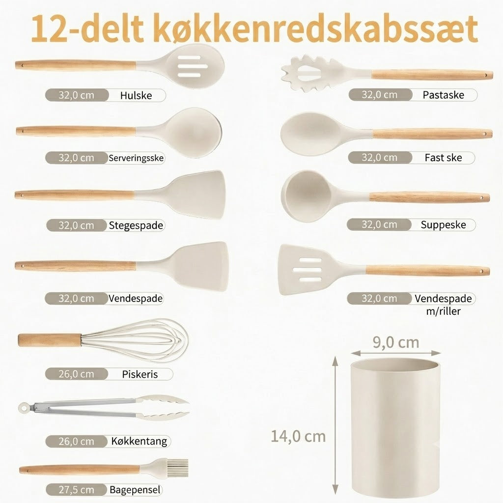 ChefEase™ 12 Deles Silikone Køkkenredskabs Sæt med Træhåndtag