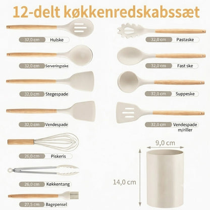 ChefEase™ 12 Deles Silikone Køkkenredskabs Sæt med Træhåndtag