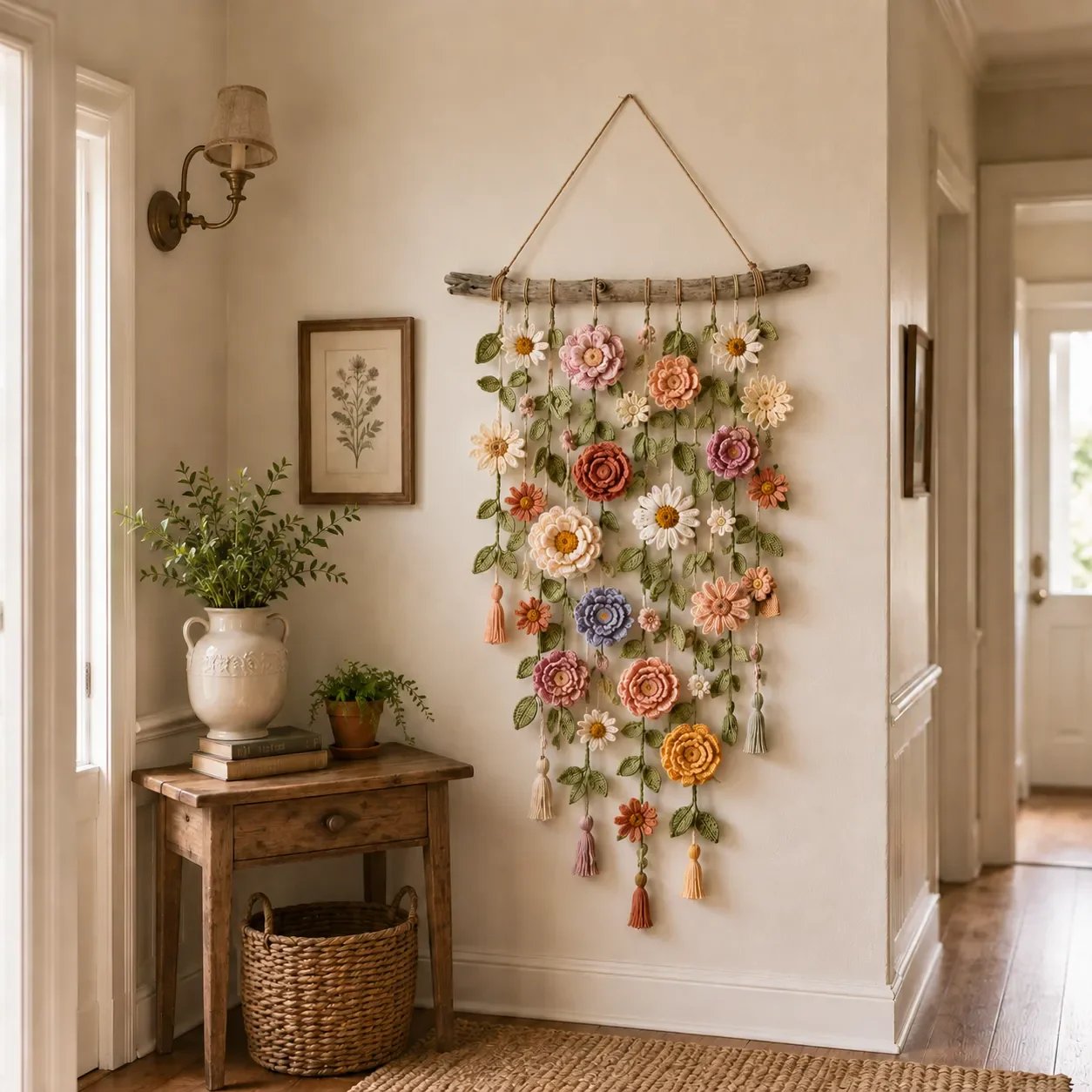Håndlavet Hæklet Blomster-Vægophæng | Boho Design til Stue & Soveværelse