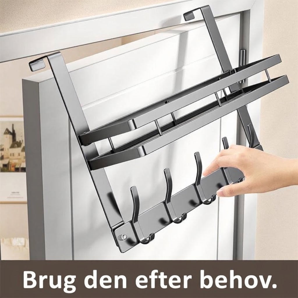 VaraLiving™ Dørreol med Opbevaringskurve og Knager – Borefri Dørhængt Arrangør til Badeværelse, Værelse og Køkken