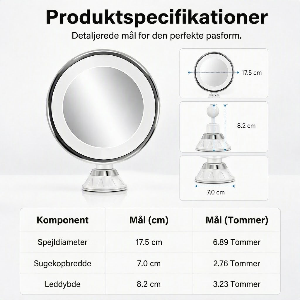 PureVal™ 10x Forstørrelsesspejl med LED & Sugekop | Bærbart Makeupspejl til Præcision