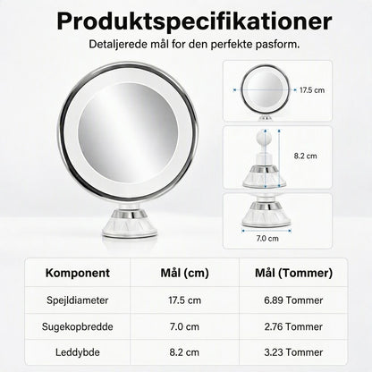 PureVal™ 10x Forstørrelsesspejl med LED & Sugekop | Bærbart Makeupspejl til Præcision