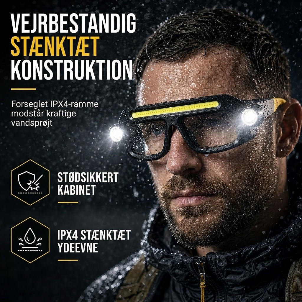 VaraLiving™ Genopladelig LED Brillehovedlampe med 5 Tilstande og Bevægelsessensor – Vandtæt Lys med Sikkerhedsbriller