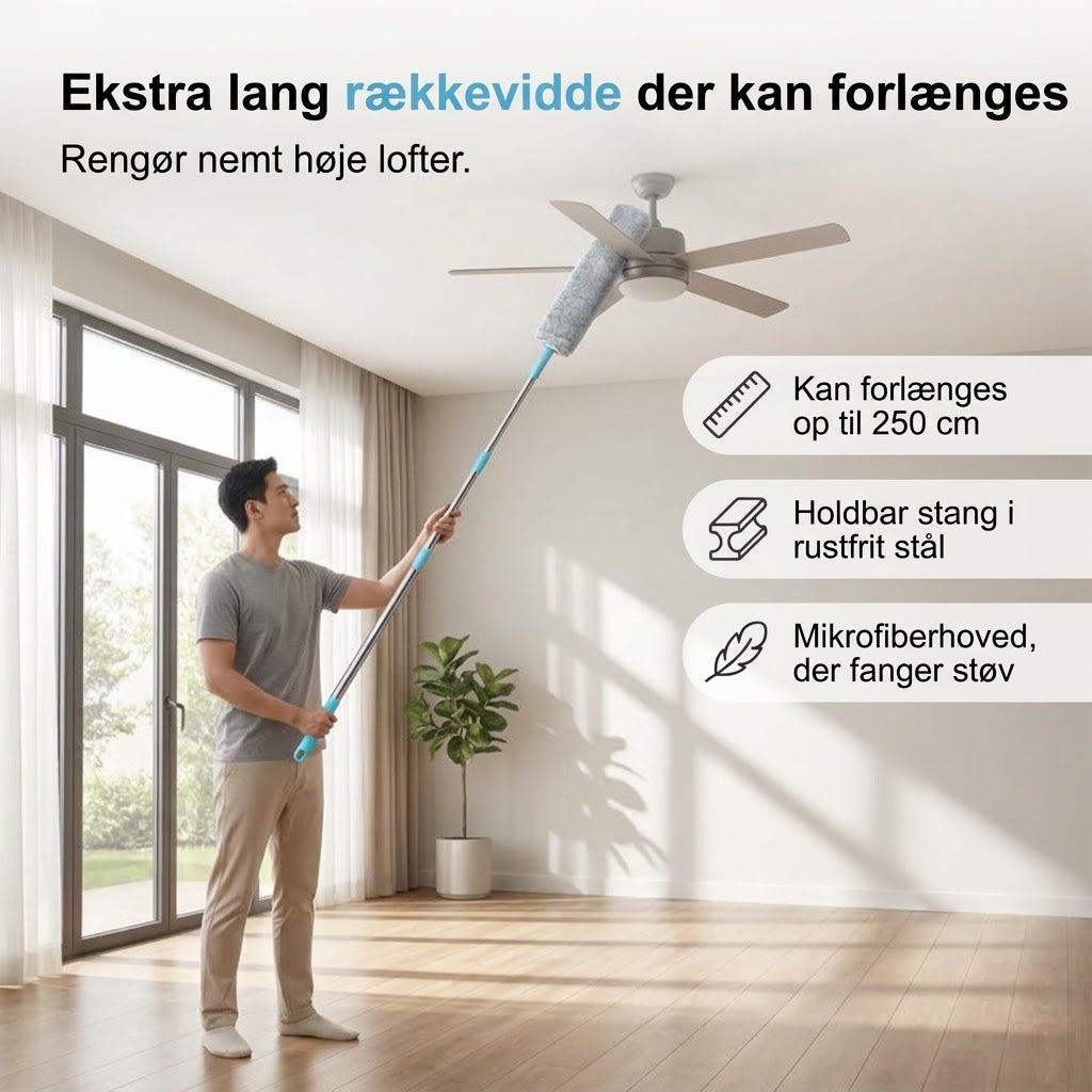 VaraLiving™ Langt Skaft Fleksibel Mikrofiber Støvkost – Bøjelig og Effektiv Rengøring til Hjemmet