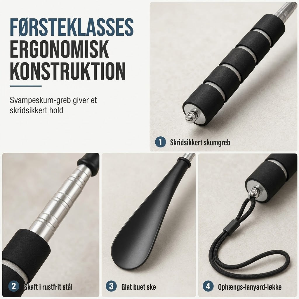OmniLiving™ Teleskopisk Skohorn i Rustfrit Stål m. Langt Skaft | Ergonomisk Hjælp til Sko