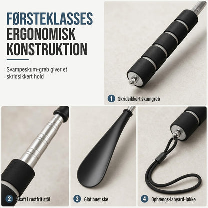 OmniLiving™ Teleskopisk Skohorn i Rustfrit Stål m. Langt Skaft | Ergonomisk Hjælp til Sko