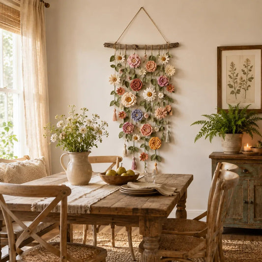 Håndlavet Hæklet Blomster-Vægophæng | Boho Design til Stue & Soveværelse