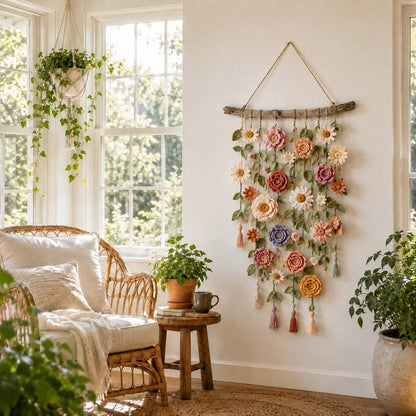 Håndlavet Hæklet Blomster-Vægophæng | Boho Design til Stue & Soveværelse