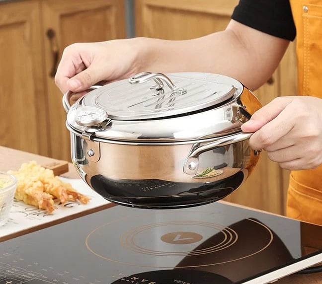 OmniLiving™ 304 Rustfrit Stål Tempura Frituregryde | Med Termometer & Afdrypningsrist