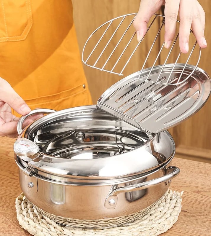 OmniLiving™ 304 Rustfrit Stål Tempura Frituregryde | Med Termometer & Afdrypningsrist