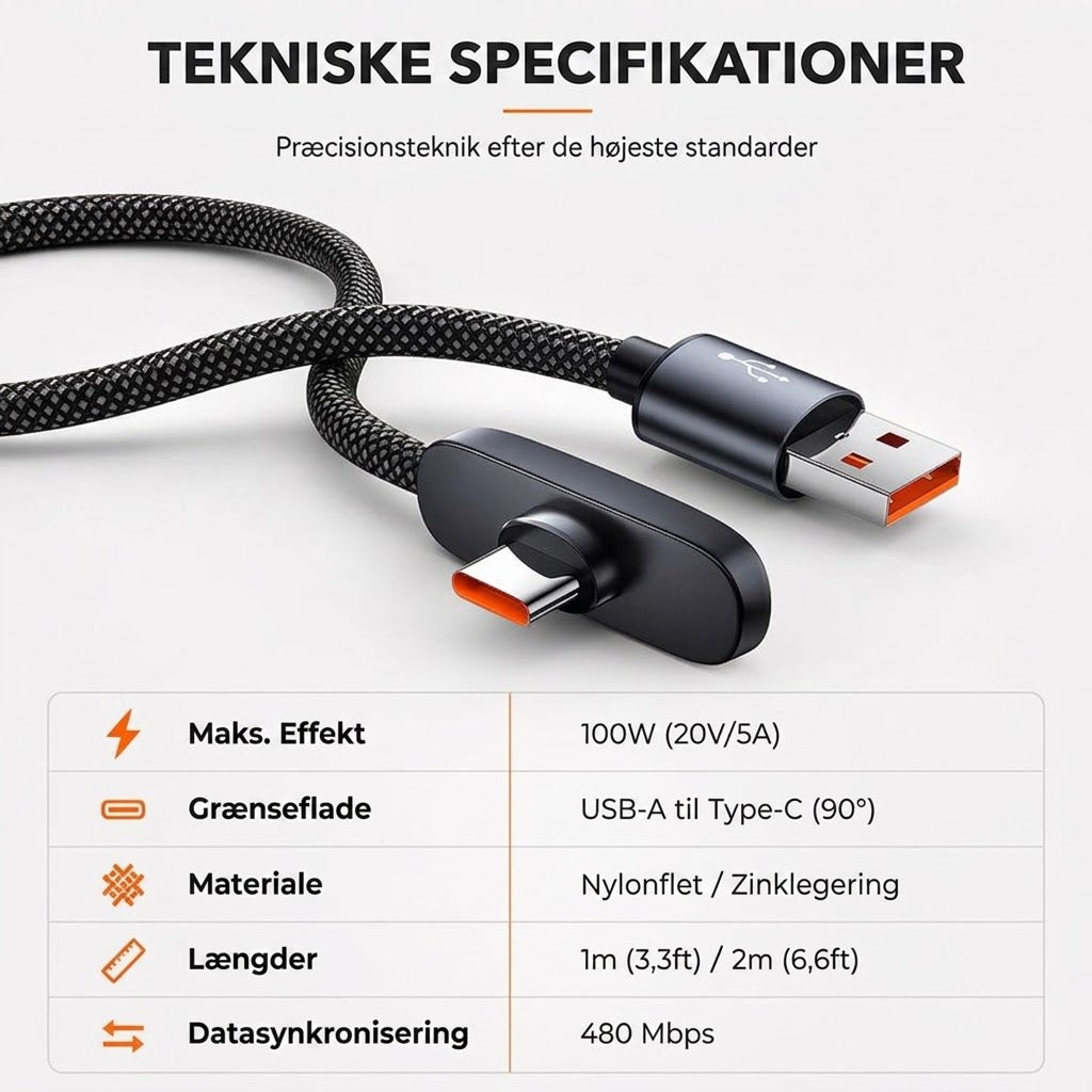 NovaPulse™ 100W 90° Vinkel Type-C Hurtigoplader Kabel | Flettet Nylon & Holdbar til Gaming